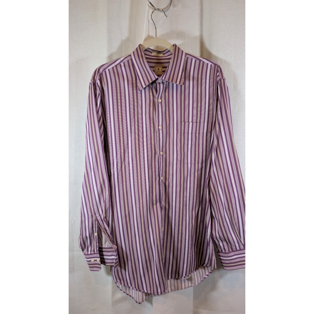 Peter Millar Men's Size L Purple Pink Vertical Striped Button Down Dress Shirt
